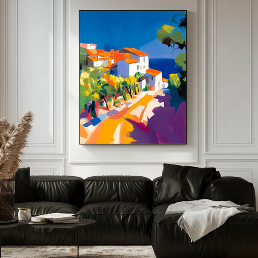 Mediterranean Village canvas print in azure blue, 100x130cm, coastal wall art by My Store