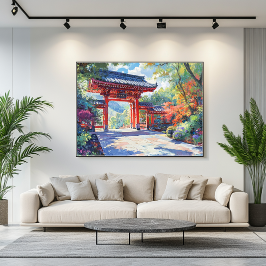 Temple Forest canvas print by My Store, 90x120cm, featuring Asian-inspired architectural art in vibrant colors.