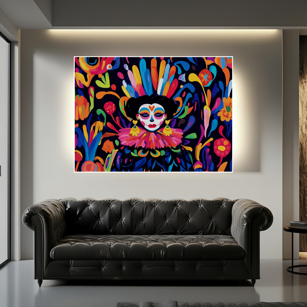 Colorful La Catrina wall art canvas print, 100x130cm, featuring an abstract figure for Day of the Dead celebration by My Sto