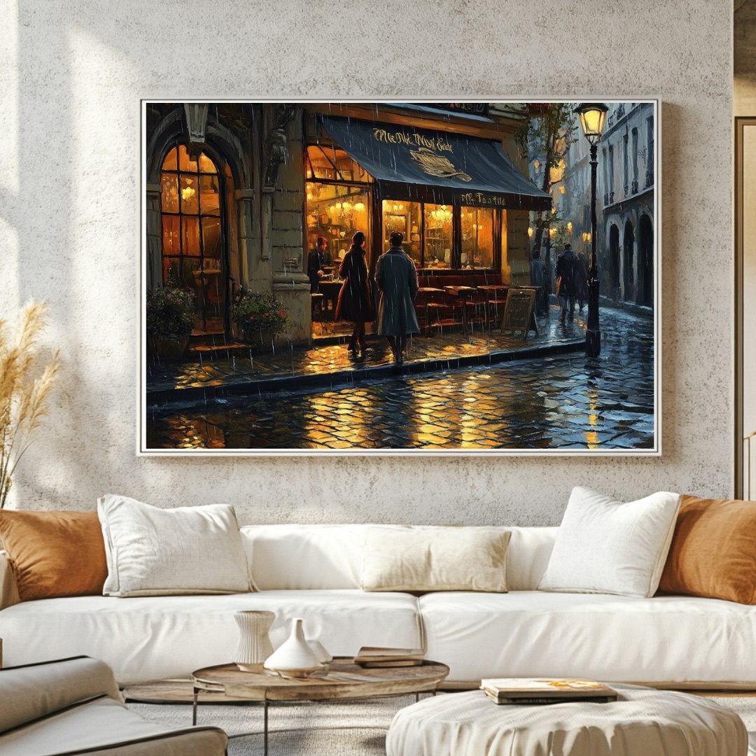 Urban bar scene canvas print featuring atmospheric lighting, 130x93cm, by My Store.