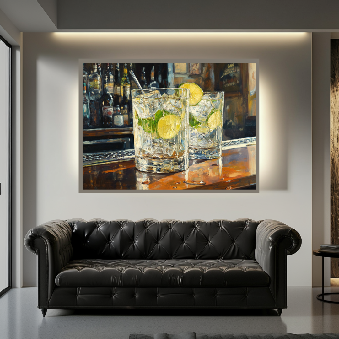 Vibrant gin and tonic canvas art print featuring two glasses with lime, ideal for bar wall decor, 100x130cm by My Store.