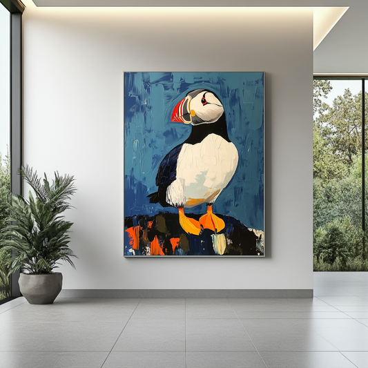 Large canvas print of an Atlantic puffin in vibrant colors, wildlife art by My Store, measuring 100x130cm.