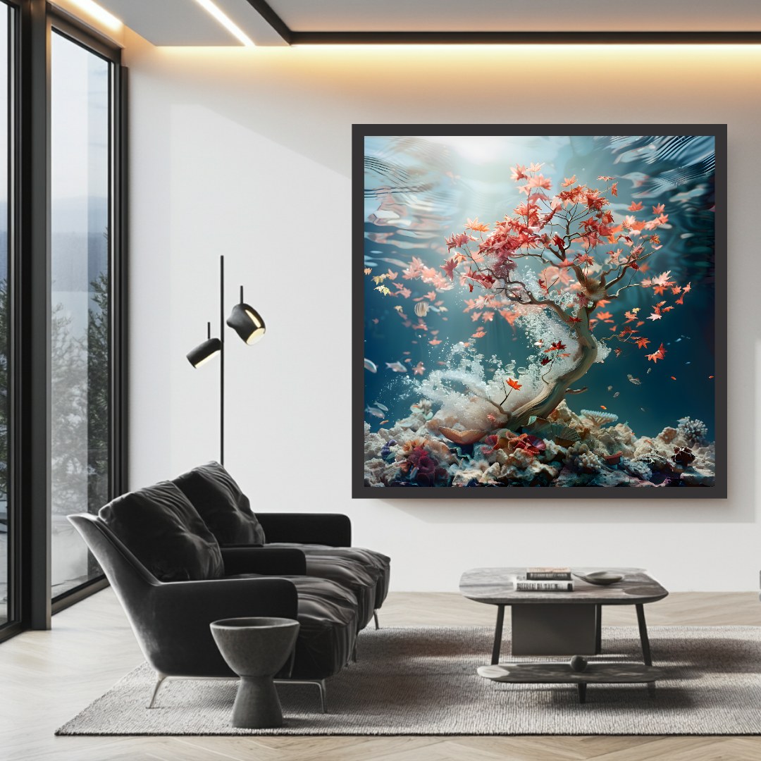 Abstract coral and maple canvas art print by My Store, 100x100cm, perfect for contemporary bedroom decor.