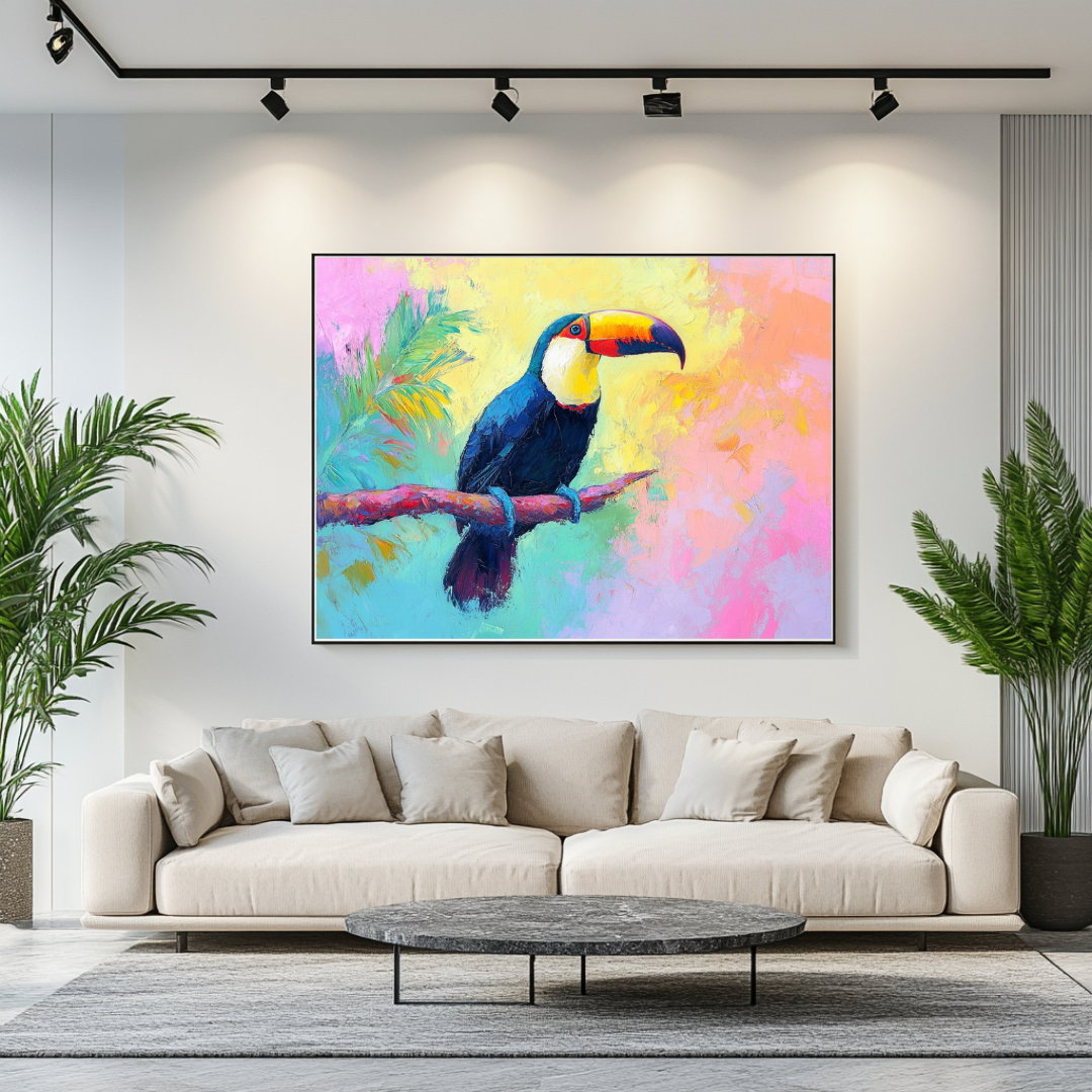 Colorful bird art canvas print by My Store, 90x120cm, featuring vibrant animal portrait for baby room decor.