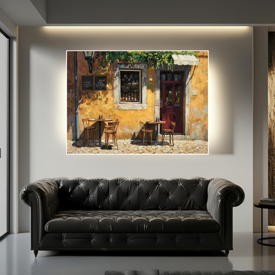 Sunny outdoor cafe scene canvas print featuring bistro-style architecture by My Store, 100x130cm