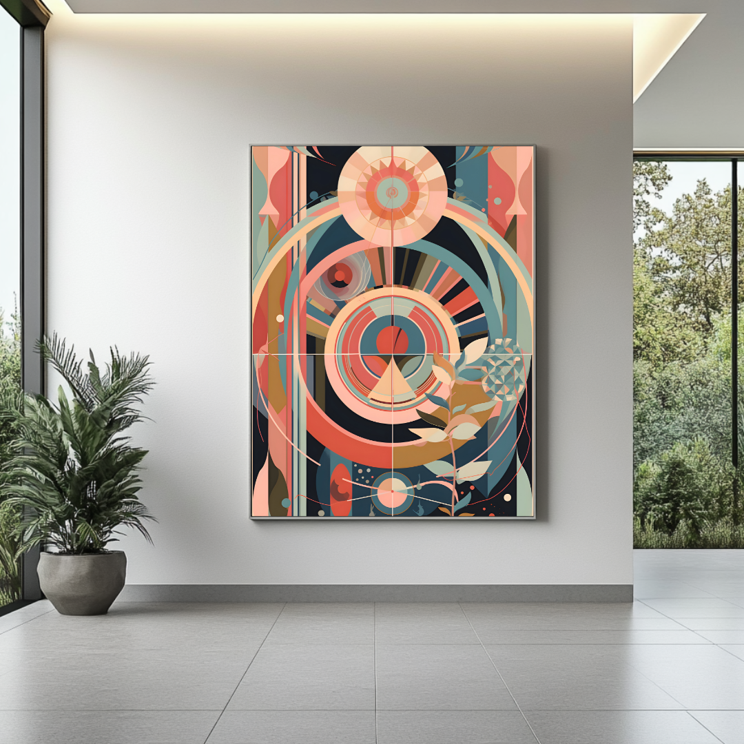 Abstract print featuring a figure inspired by famous artwork, vibrant colors, by My Store.
