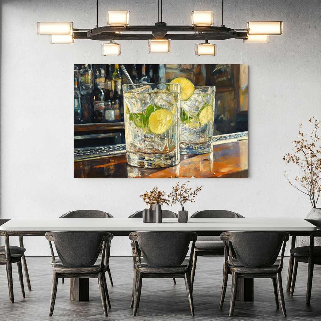 Colorful gin and tonic canvas art print featuring glasses with lime, 100x130cm, by My Store for bar wall decor.