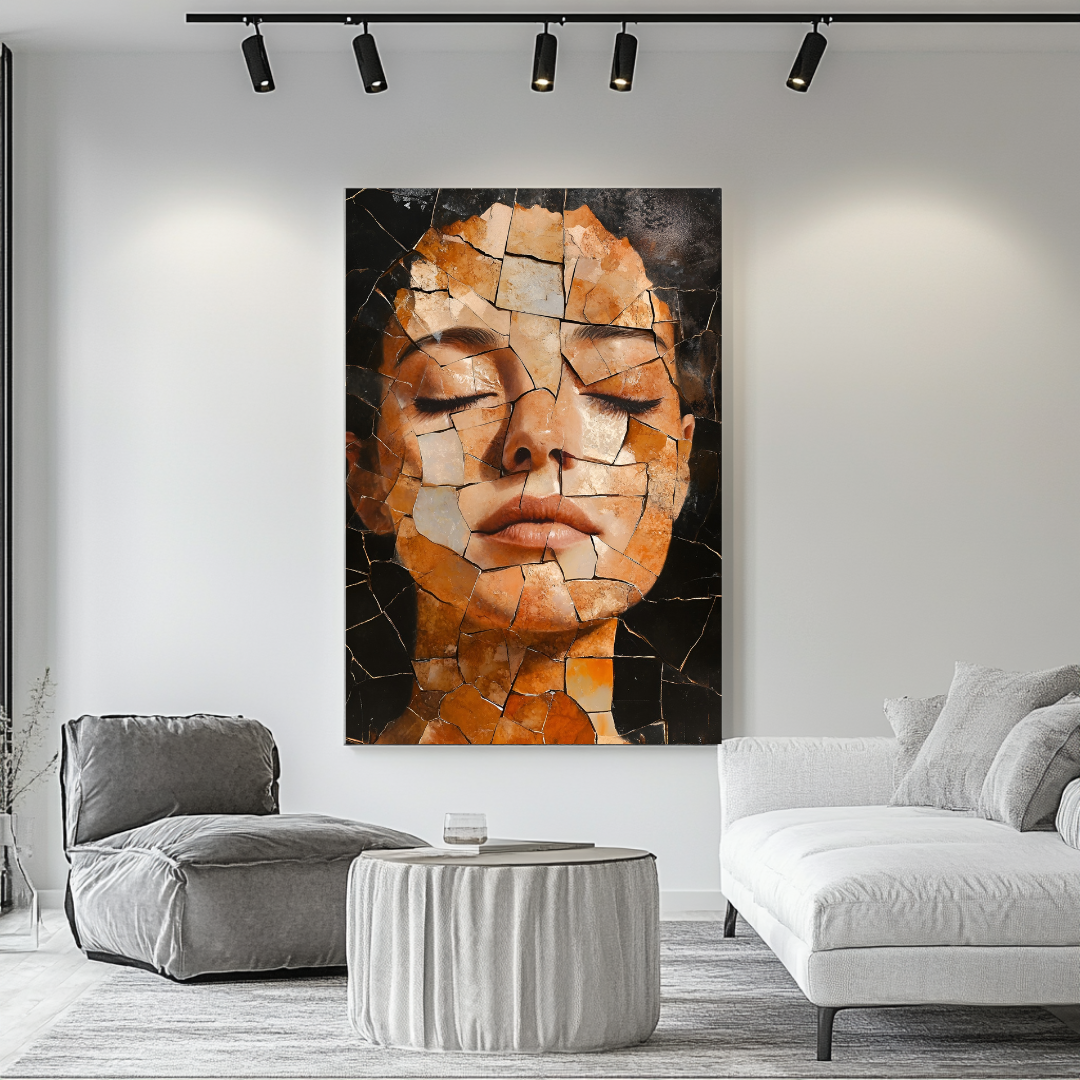 Pensive female portrait canvas print in contemporary style, 90x120cm, by My Store, featuring soft colors and artistic detail