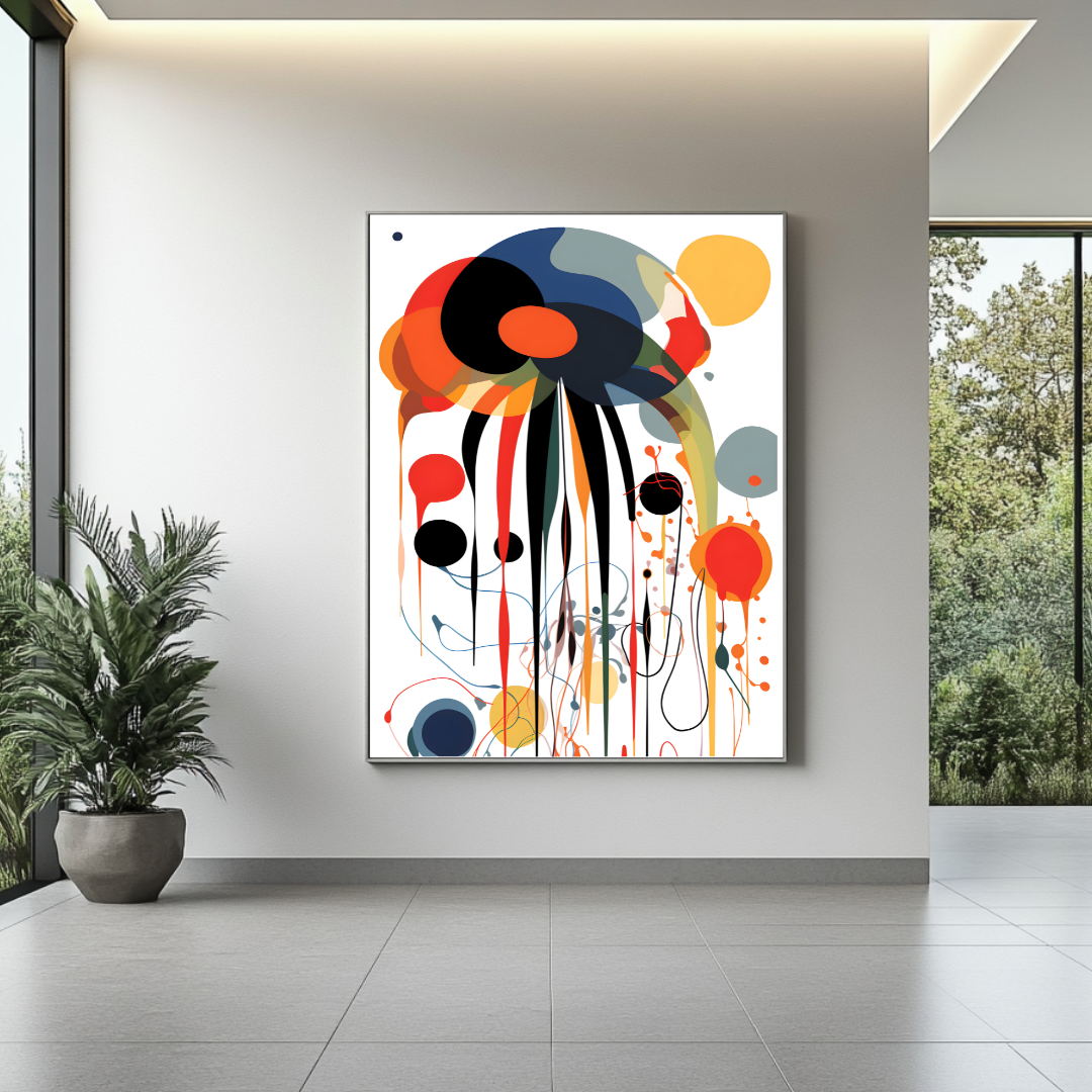 Vibrant abstract jellyfish print by My Store, featuring bold colors and fluid shapes, perfect for new home gifts.