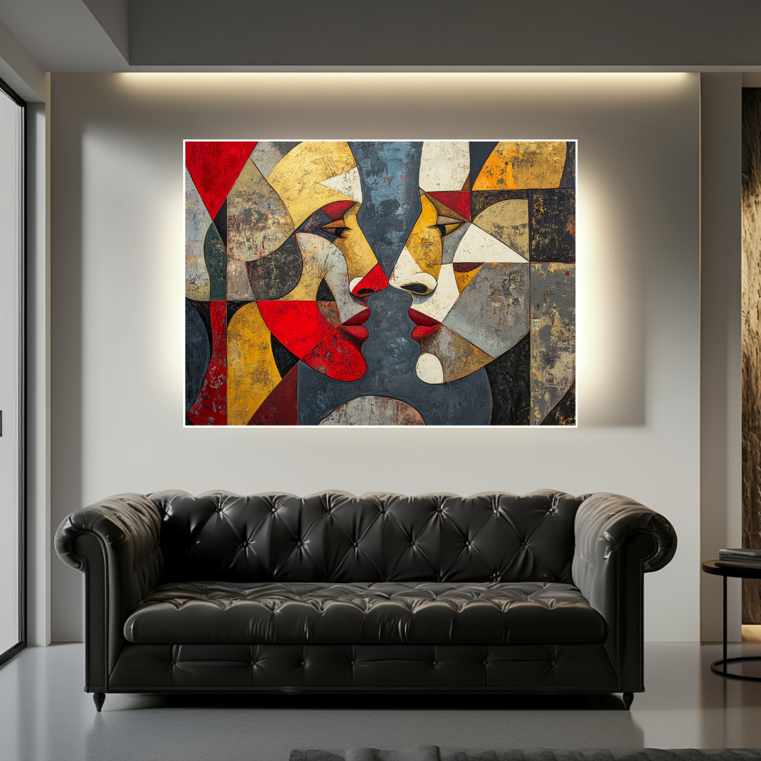 Abstract geometric canvas art in vibrant colors, featuring alien figures, by My Store, 100x130cm