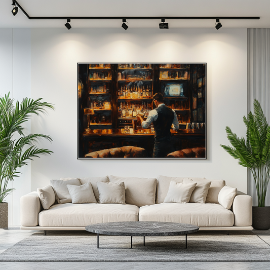 Print of a vibrant cityscape featuring a hidden speakeasy bar with cocktails, by My Store.