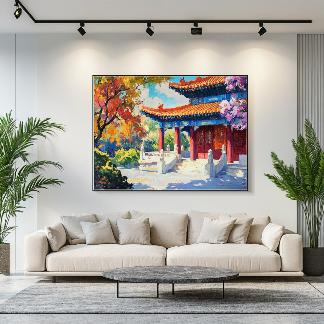Large 90x120cm giclée canvas print of architectural art by My Store, featuring vibrant colors and intricate details.