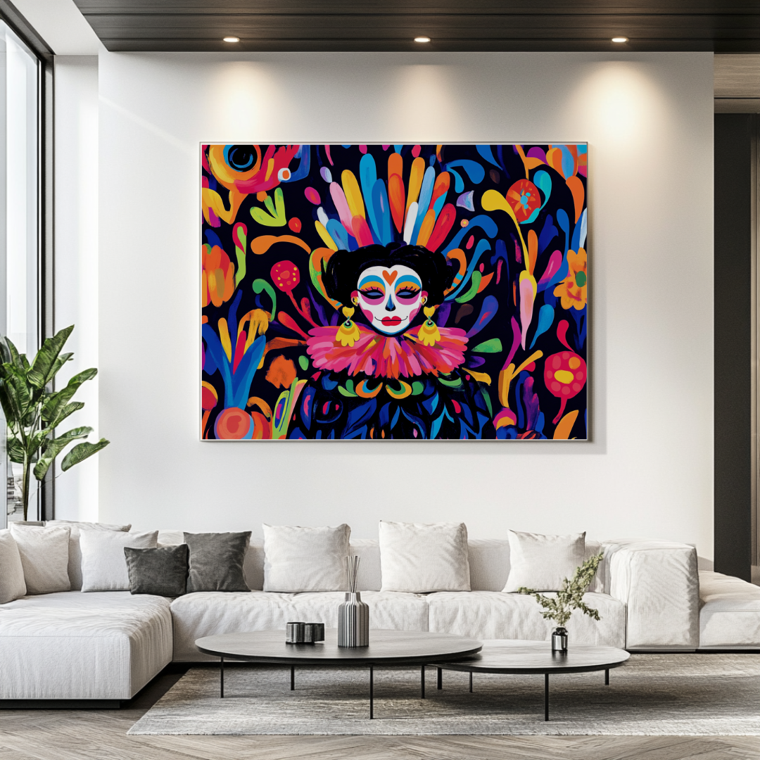 Colorful La Catrina wall art canvas print, 100x130cm, featuring an abstract figure for Day of the Dead celebration by My Sto