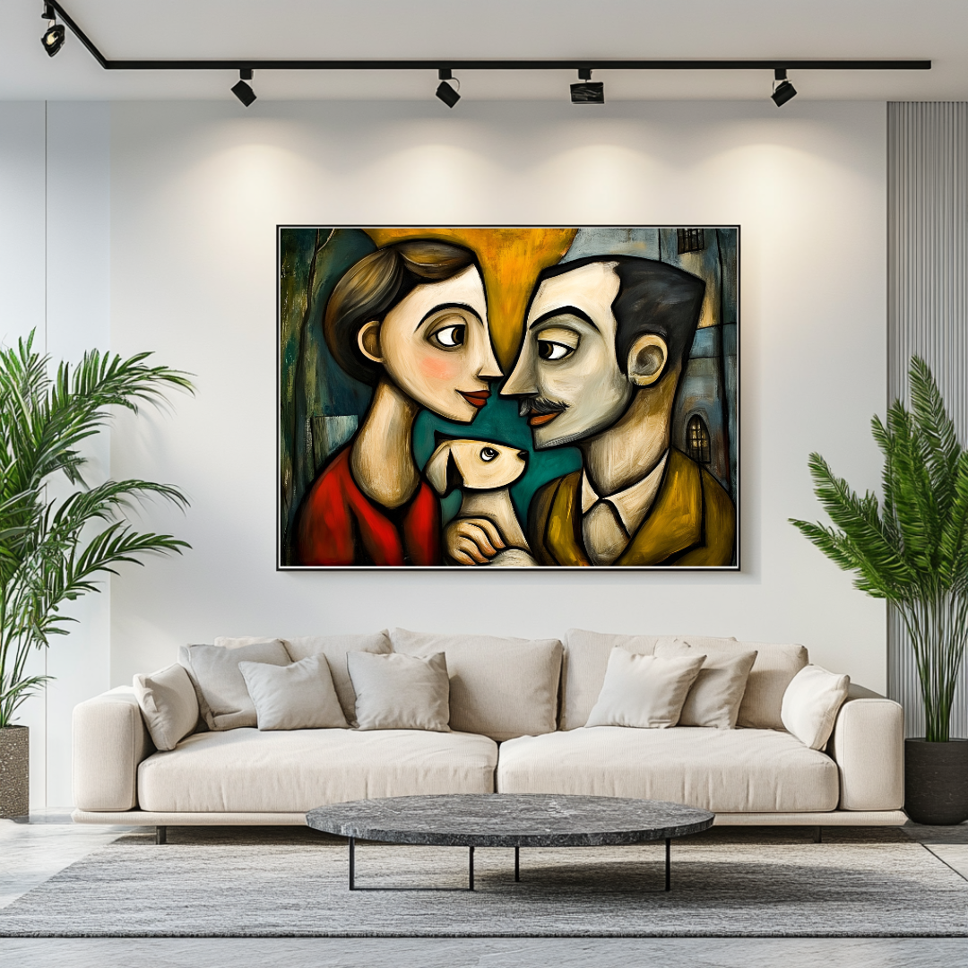 Abstract cubist couple with dog canvas art print in amber tones, 100x130cm by My Store