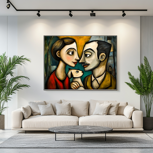 Abstract cubist couple with dog canvas art print in amber tones, 100x130cm by My Store