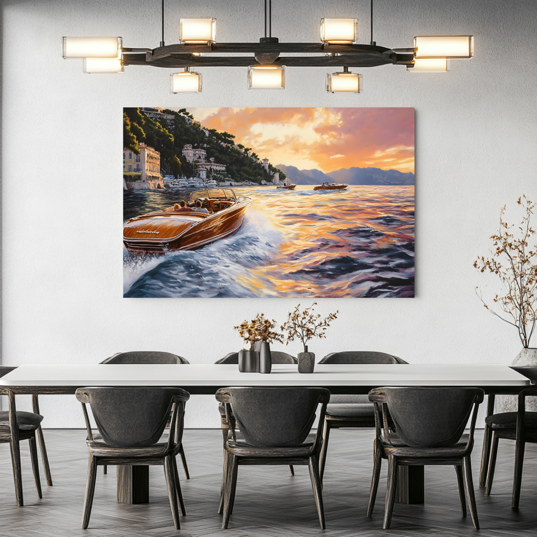 Riviera Reverie canvas print featuring Mediterranean coastal boats, 90x120cm, by My Store on 365gsm canvas.