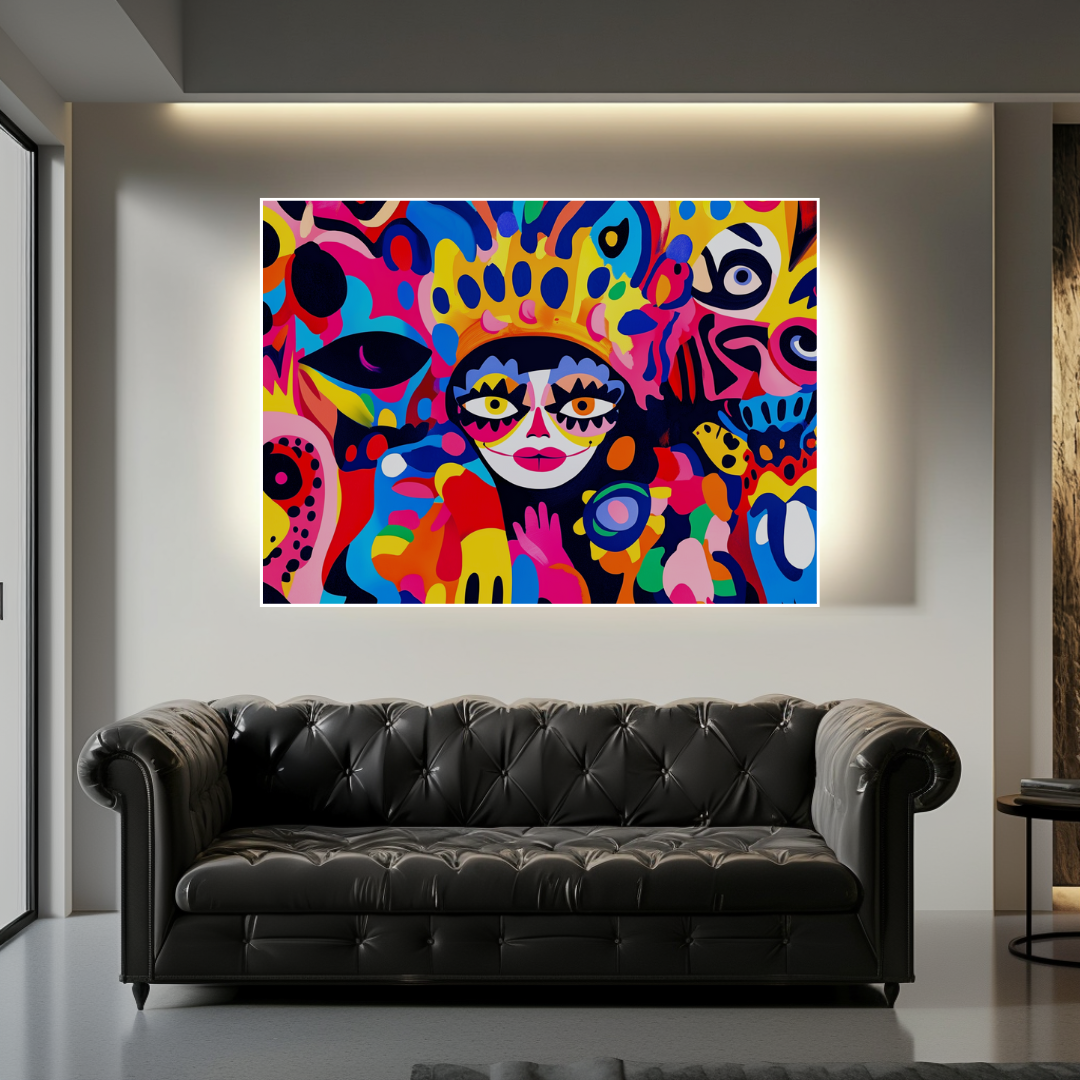 Abstract masked figure in vibrant colors, canvas wall art by My Store, perfect for carnival-themed decor.