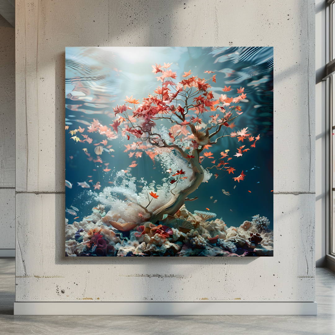 Abstract coral and maple canvas art print in vibrant colors, 100x100cm, by My Store for contemporary bedroom decor.