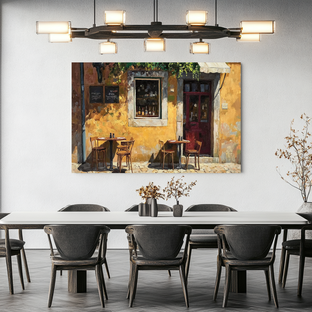 Sunny Mediterranean bistro canvas wall art featuring outdoor cafe scene, 100x130cm by My Store