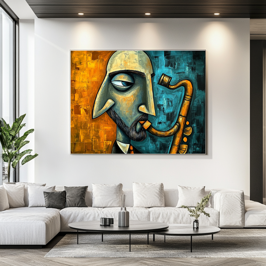 Abstract jazz saxophone canvas print in blues, 100x130cm, by My Store for stylish bedroom wall art.