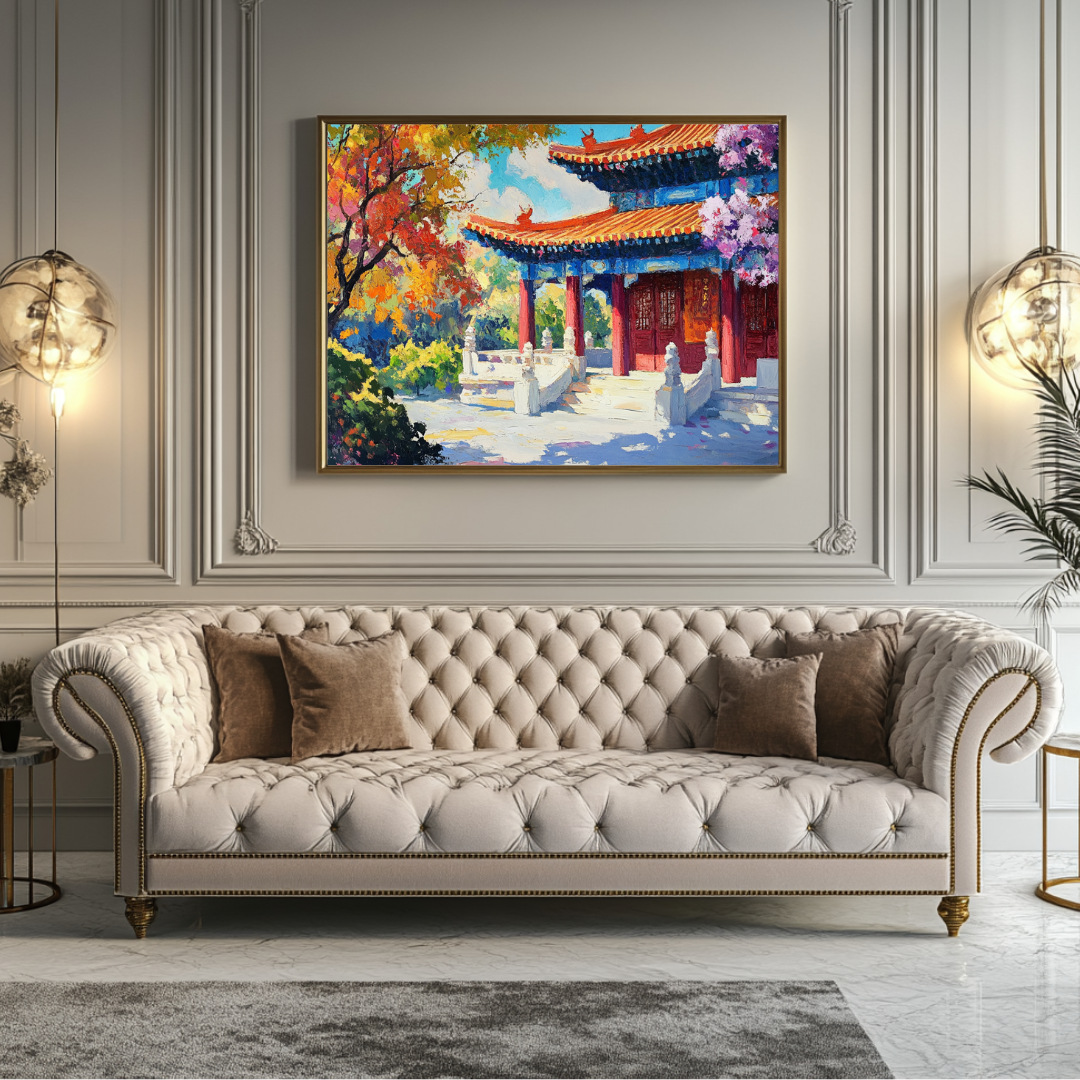 Large 90x120cm giclée canvas print of architectural art by My Store, featuring vibrant colors and intricate details.