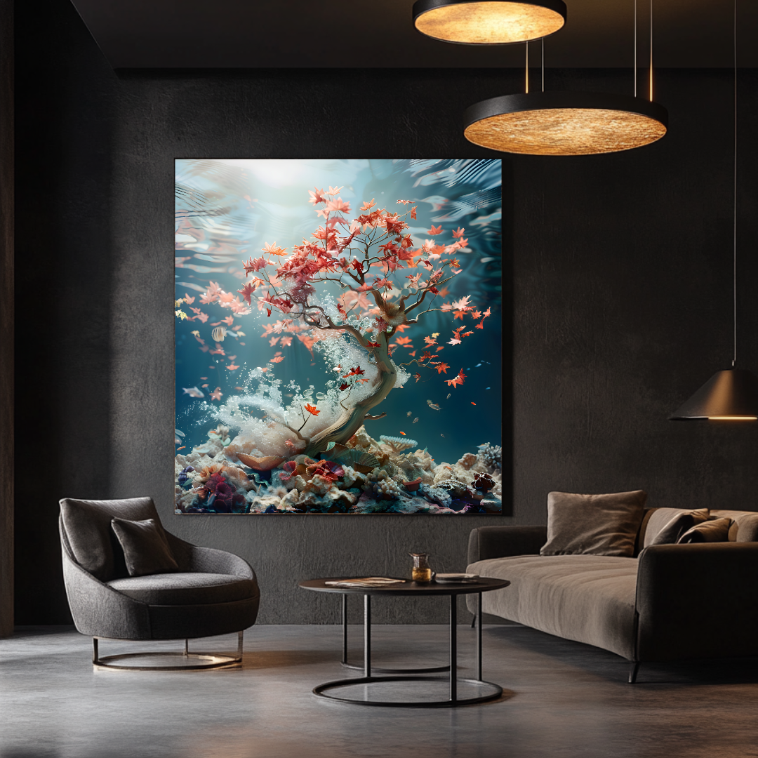 Abstract coral and maple canvas art print, 100x100cm, by My Store, perfect for contemporary bedroom decor.