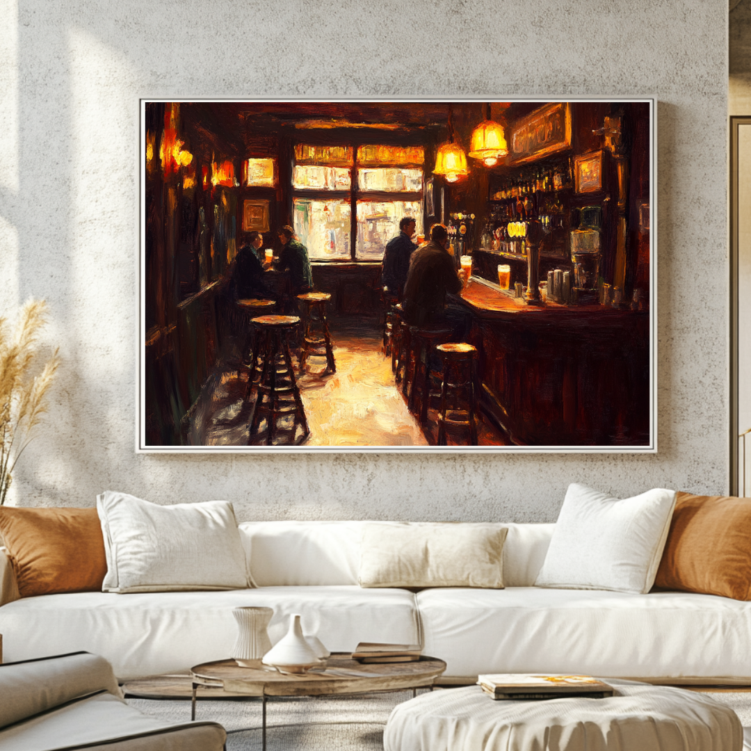 Vintage bar scene canvas art print by My Store, featuring atmospheric lighting, bartenders, and a cozy ambiance.