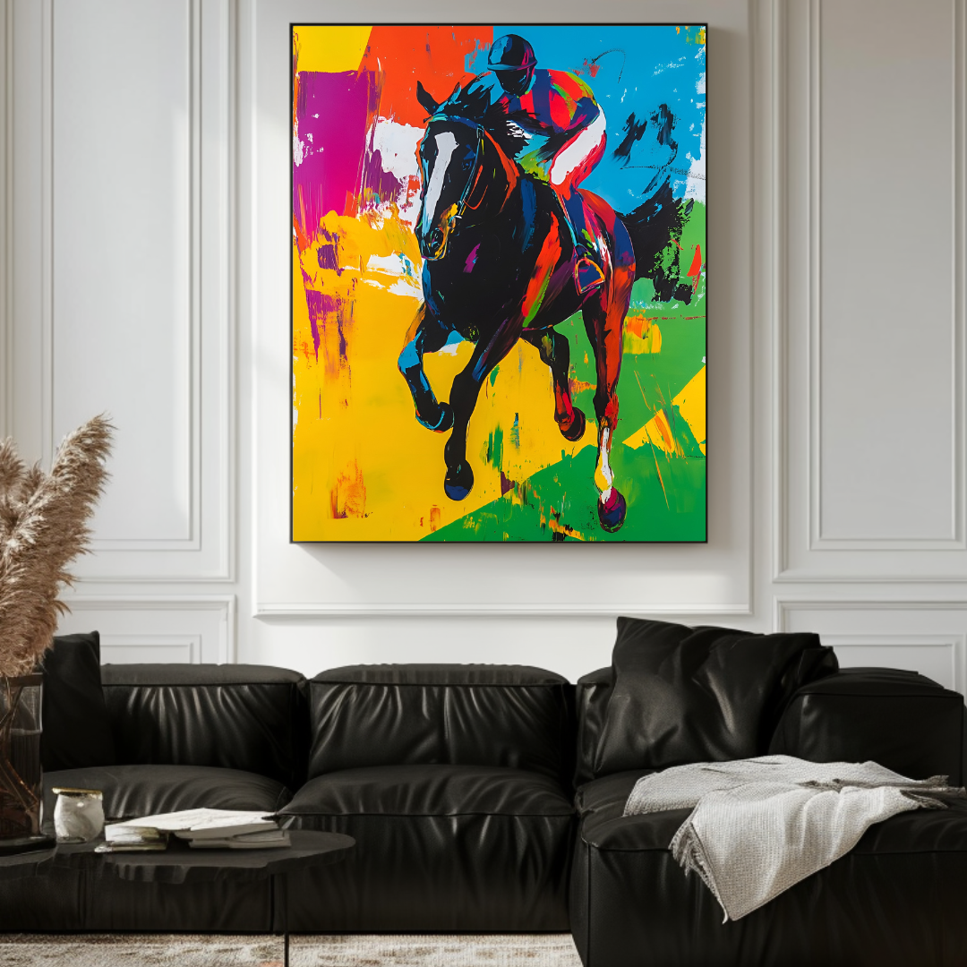 Abstract horse and rider canvas art print in contemporary style by My Store, featuring dynamic action and vibrant colors.
