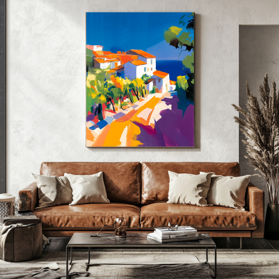 Mediterranean Village canvas print in azure blue, 100x130cm, ideal for coastal bedroom wall art by My Store