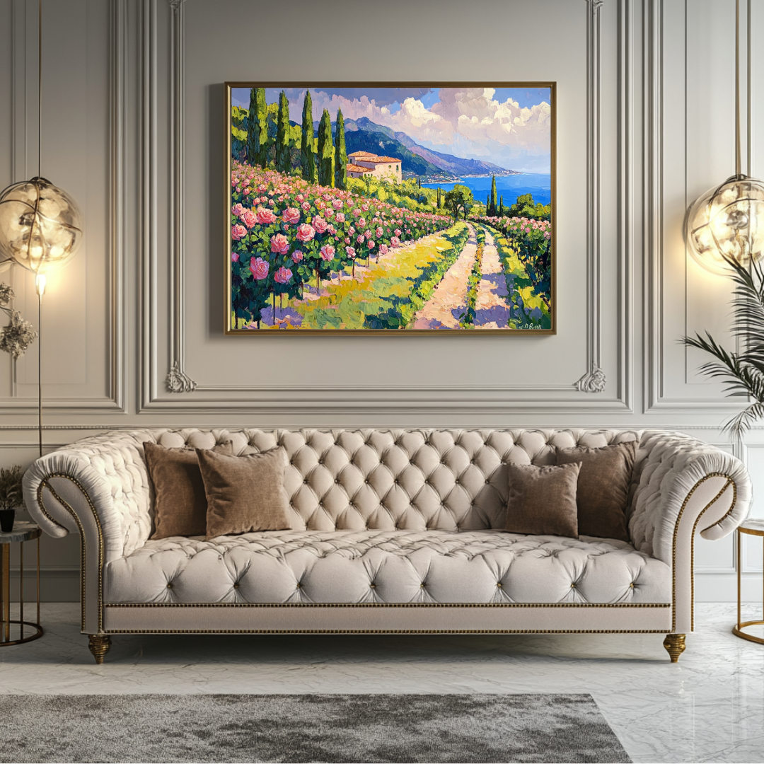 Fields of Roses canvas art print in vibrant colors, 90x120cm, by My Store, perfect for bedroom wall decor.