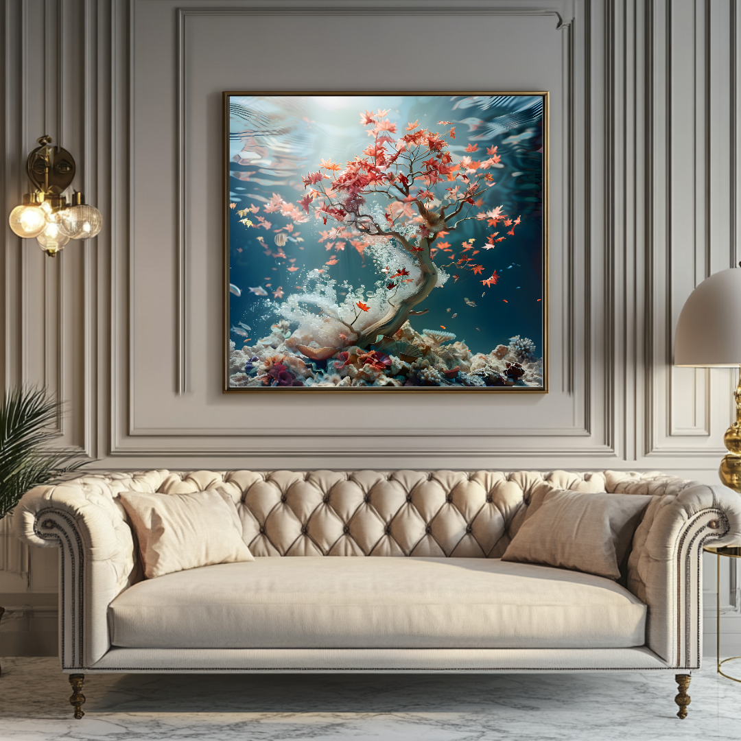 Imperial Maple Coral abstract canvas art print in vibrant colors, 100x100cm by My Store, perfect for contemporary bedroom de