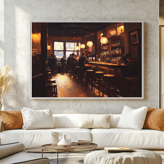 Bar scene canvas wall art print featuring atmospheric lighting, 130x93cm, by My Store