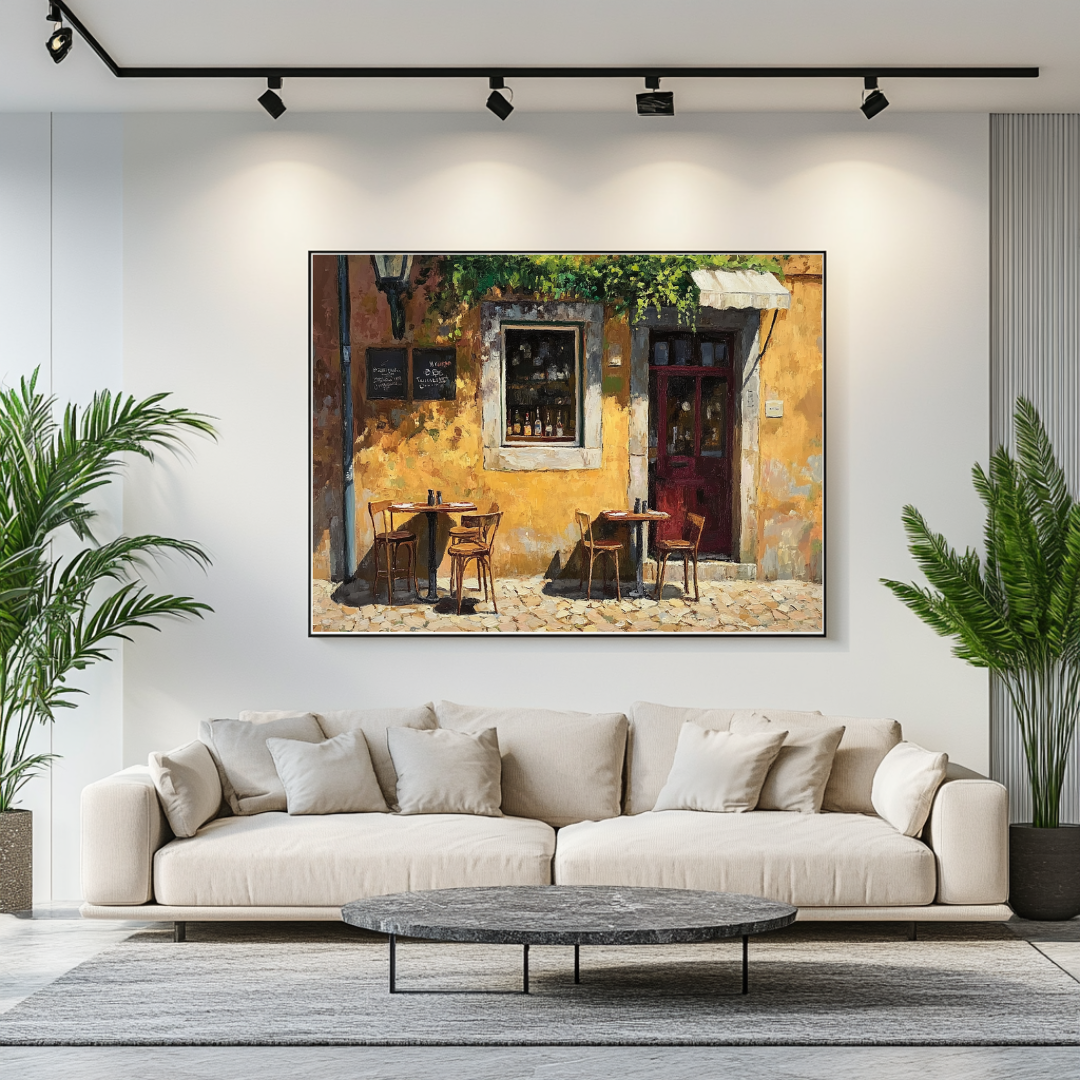 Sunny Mediterranean bistro canvas wall art featuring outdoor cafe scene in vibrant colors, 100x130cm by My Store