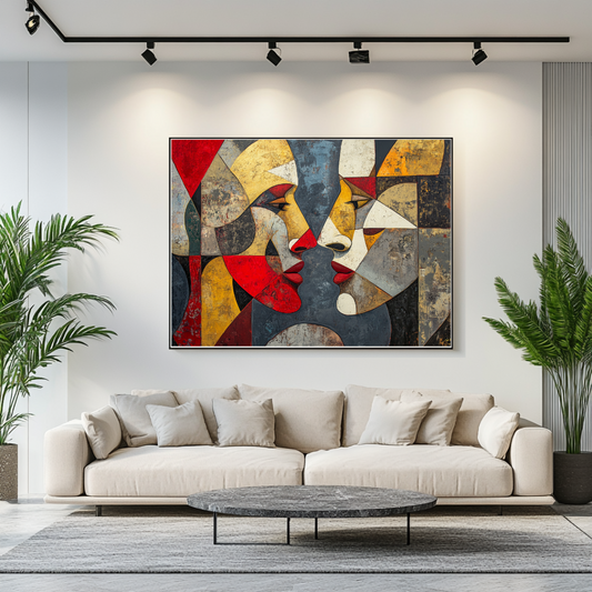 Abstract geometric canvas art featuring vibrant colors and alien figures, 100x130cm by My Store.