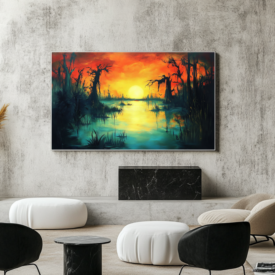 Large surreal swamp digital art canvas print in vibrant colors, 120x71cm, by My Store for contemporary bedroom decor.
