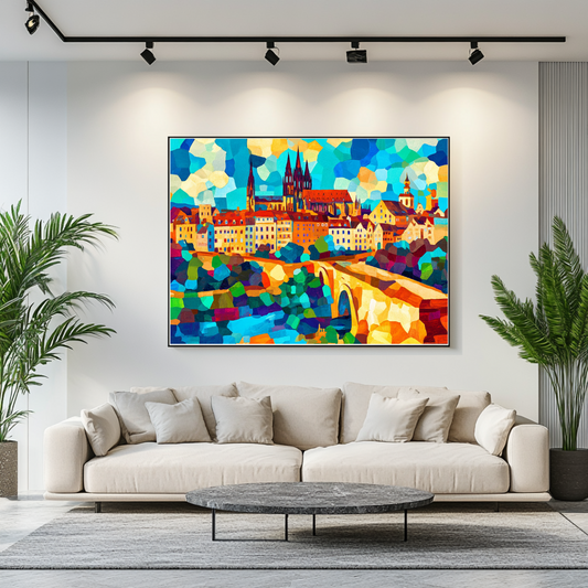Abstract landscape canvas print in vibrant colors, 90x120cm, by My Store, featuring architectural elements.