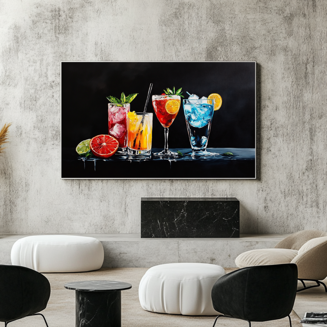 Colorful cocktail wall art canvas print by My Store, featuring vibrant digital artwork, 130x77cm size.