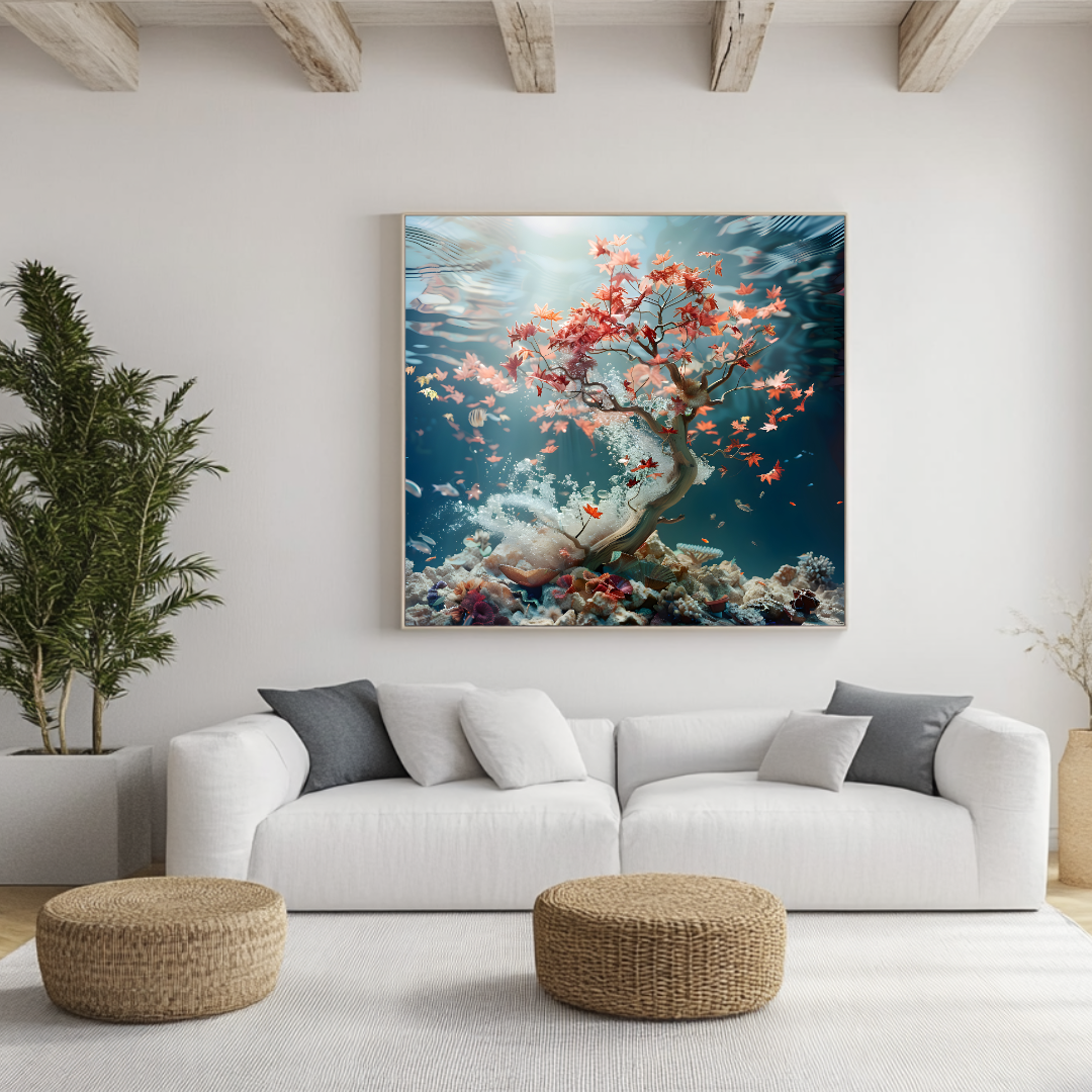 Abstract coral and maple canvas art print in vibrant colors, 100x100cm by My Store for contemporary bedroom decor