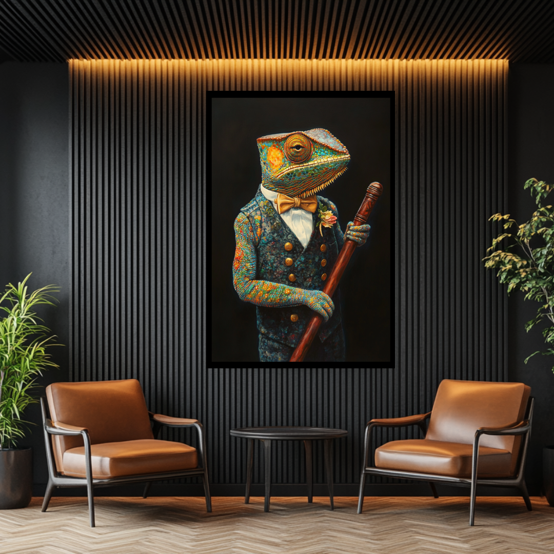 Chameleon canvas print featuring an anthropomorphic animal in a bow tie, by My Store