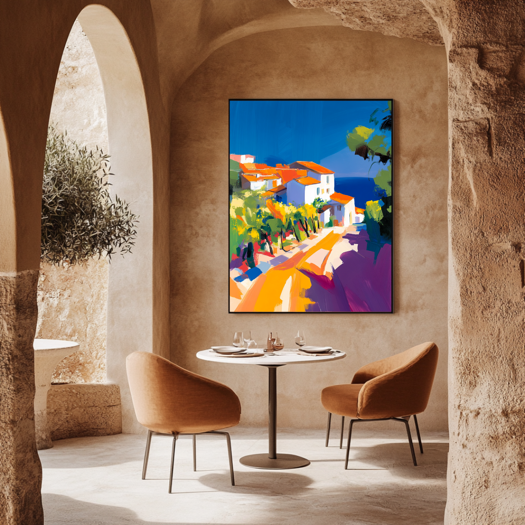 Mediterranean Village canvas print featuring azure blue coastal scenery, 100x130cm, by My Store