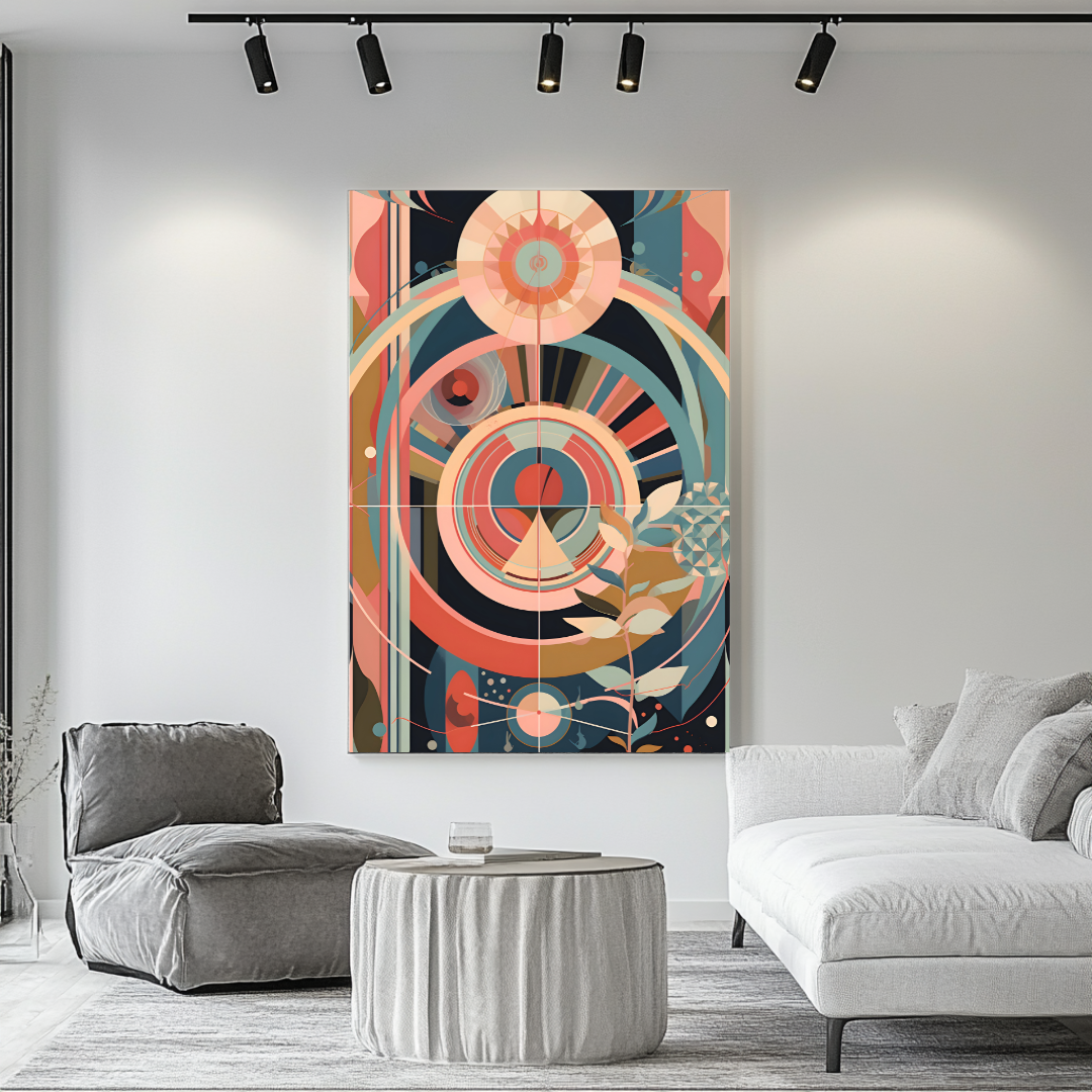 Abstract print featuring a figure inspired by famous artwork, vibrant colors, by My Store.