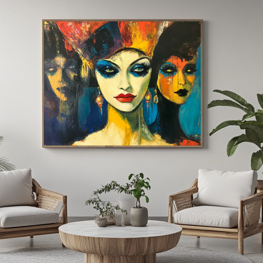 Colorful abstract art print featuring figures on canvas, 130x93cm, by My Store