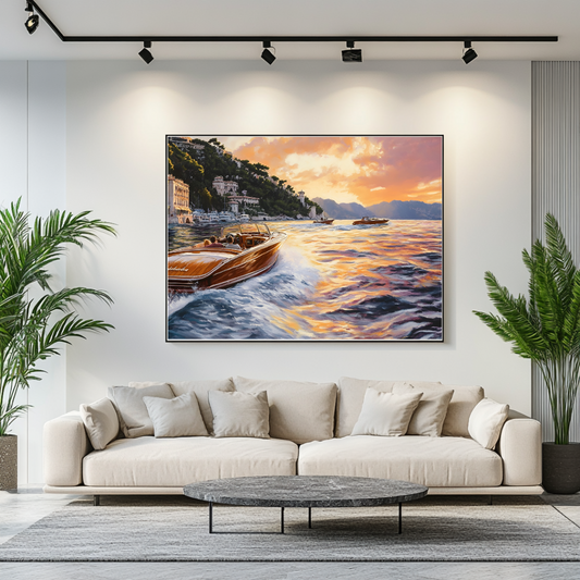 Riviera Reverie canvas print featuring Mediterranean coastal scene with boats, 90x120cm, by My Store.