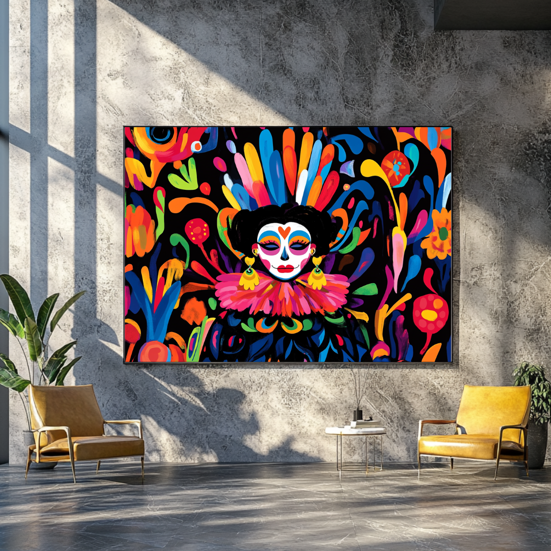 Colorful La Catrina wall art canvas print, 100x130cm, featuring an abstract figure for Day of the Dead celebration by My Sto