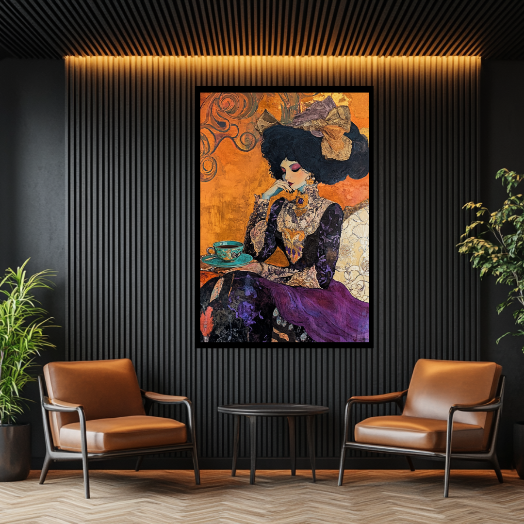 Contemporary art print of a woman wearing a large hat, vibrant colors, by My Store