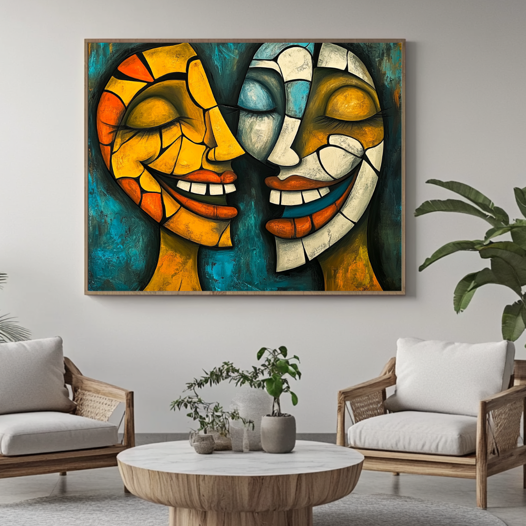 Colorful abstract art canvas print featuring whimsical figures by My Store, perfect for contemporary wall decor.