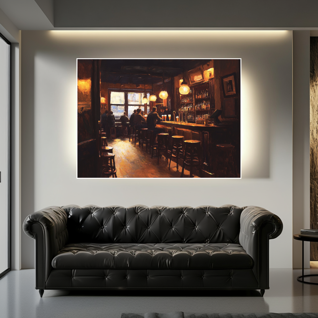 Bar scene canvas wall art print featuring atmospheric lighting, 130x93cm, by My Store.