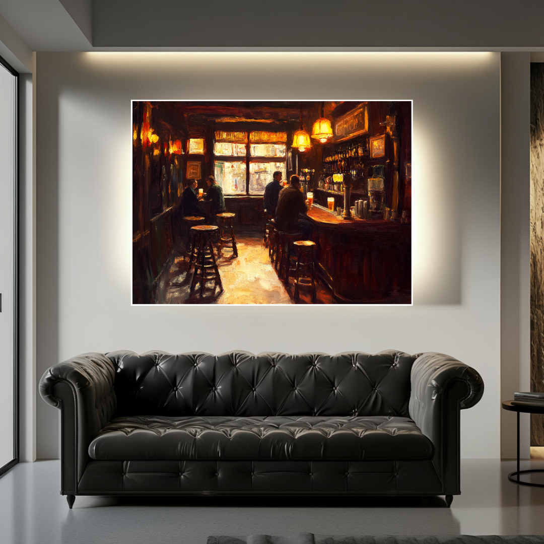 Vintage bar scene canvas art print by My Store, featuring atmospheric lighting in rich colors, size 130x93cm.