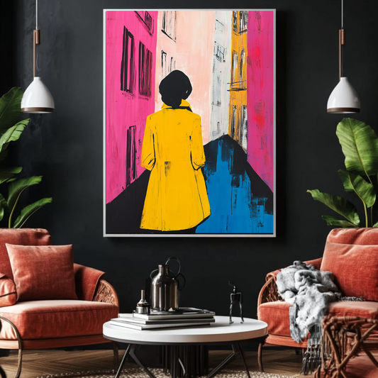 Yellow coat worn by female figures in a vibrant cityscape during the day, by My Store