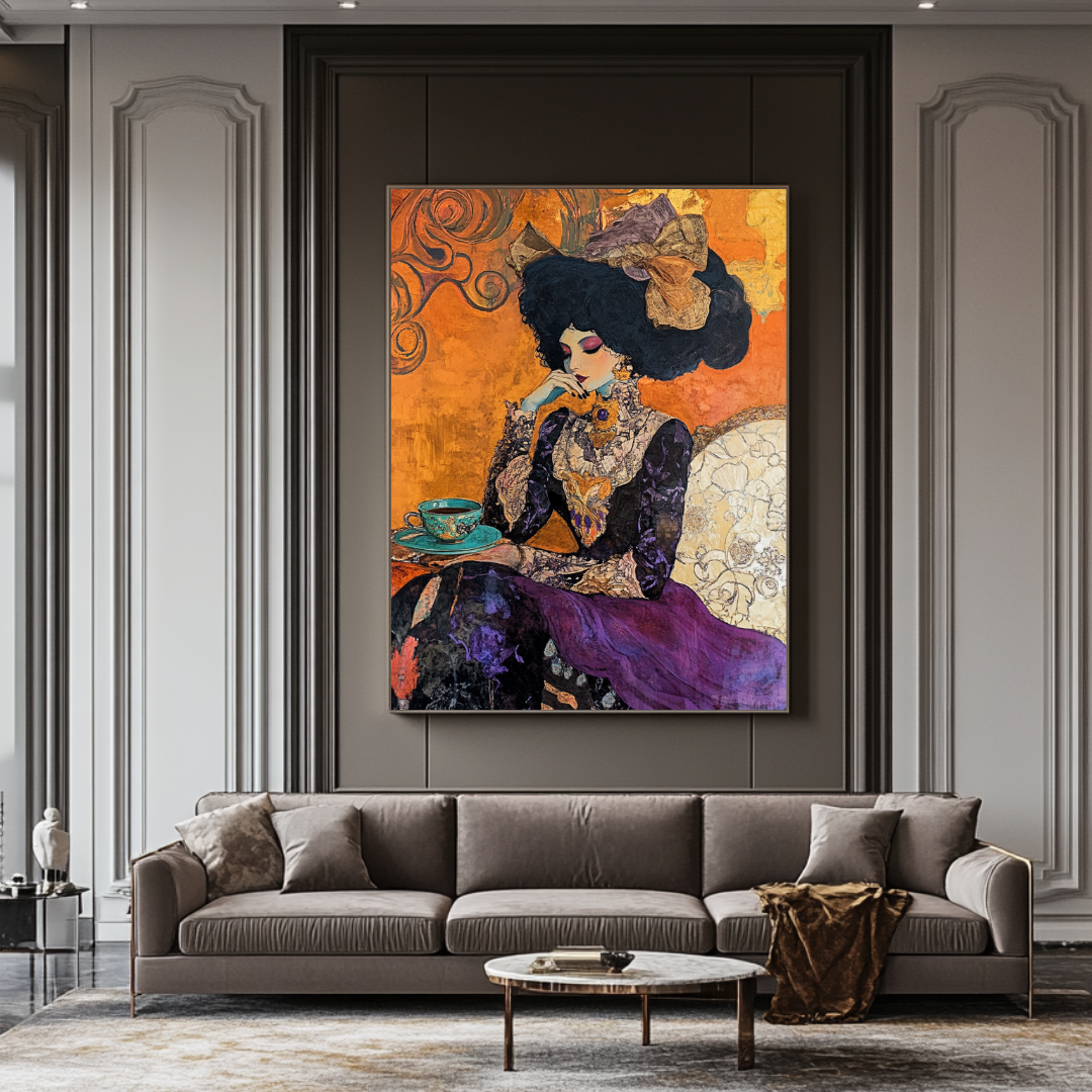 Contemporary art print of a woman wearing a large hat, vibrant colors, by My Store